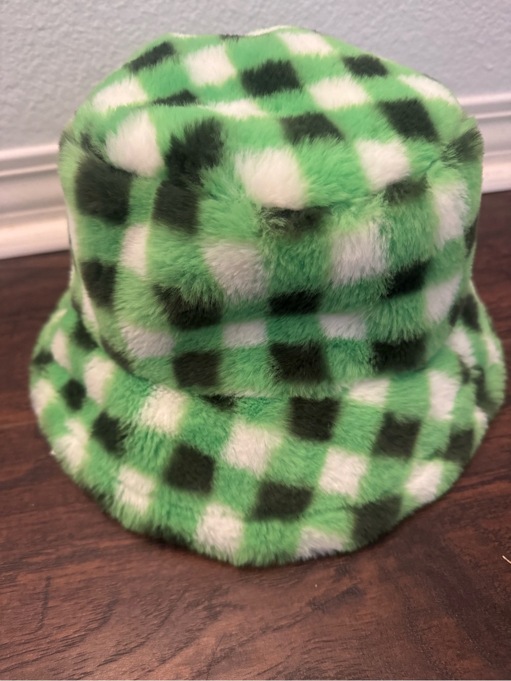 Green Check Plush Bucket Hat for Kids